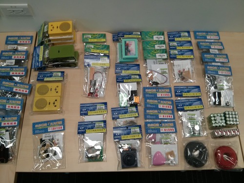 "40 soldering kits waiting to be assembled by someone tomorrow. 15 different ones to try. There are even some SMD kits!"